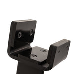 Close-up of the SMAI Barbell Jack – Double, a black metal bracket featuring two perpendicular plates secured by screws. This sturdy mounting or support component is designed for use in deadlift jack assemblies, facilitating effortless barbell loading and unloading.