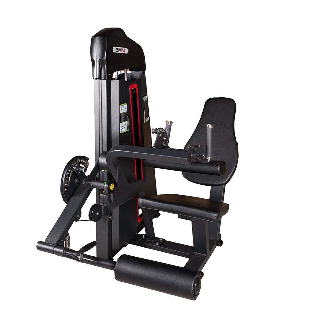 Introducing the SMAI Leg Extension / Leg Curl Machine - 2 in 1: a commercial-grade gym machine featuring a black padded seat, comfortable leg supports, adjustable handles, and a weight stack. Designed for versatile and effective lower-body workouts, this equipment is ideal for both leg extension and leg curl exercises.