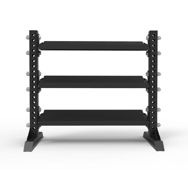 A black, three-tier SMAI Modular Storage - Short - 1.23m Dumbbell Rack, featuring adjustable shelves and robust side supports, serves as an ideal modular storage solution and is photographed against a plain white background.