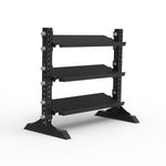 The SMAI Modular Storage - Short - 1.23m Dumbbell Rack is a black, three-tiered metal rack featuring angled shelves and a sturdy frame, specifically designed to hold weights or gym equipment. Set against a plain white background, this modular storage solution provides both durability and versatility for any home or commercial gym.