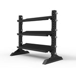 The SMAI Modular Storage - Short - 1.23m Dumbbell Rack is a three-tier black metal rack featuring angled shelves for organizing gym equipment like dumbbells or weights. Shown against a plain white background, this modular storage solution offers sturdy construction and a wide base for enhanced stability.