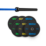 The SMAI 105kg HD Bumper Plate Set includes black plates and a 15kg barbell—premium gym equipment designed for serious lifters.