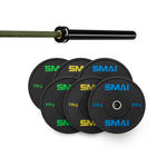 The 110kg HD Bumper Plate Set Inc 20kg Barbell by SMAI features green, yellow, and blue branded weights, creating a standout look against a white background.