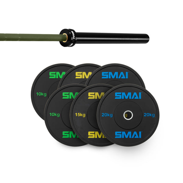 SMAI 105kg HD Bumper Plate Set, including a 15kg barbell, features black plates and a green-grip bar—essential gym equipment displayed on a white background.