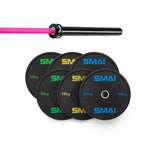 A SMAI 105kg HD Bumper Plate Set, including black plates and a 15kg barbell with a pink grip, is neatly stacked together as premium gym equipment.