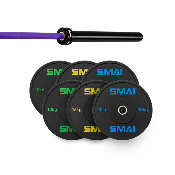 The SMAI 110kg HD Bumper Plate Set Inc 20kg Barbell features black plates labeled 10kg, 15kg, and 20kg, arranged with a barbell with a purple grip and silver sleeve on a white background—ideal gym gear for dedicated lifters.