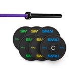 The SMAI 105kg HD Bumper Plate Set includes black plates and a 15kg barbell with a purple grip—ideal gym equipment, shown on a white background.