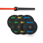 The SMAI 105kg HD Bumper Plate Set, including a 15kg barbell, features black plates with color-coded text and clear branding—ideal for any gym equipment setup.