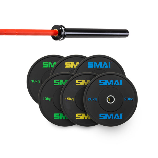 The SMAI 110kg HD Bumper Plate Set includes black 10kg, 15kg, and 20kg plates plus a sleek black and red 20kg barbell—ideal gym equipment for serious lifters, shown on a white background.