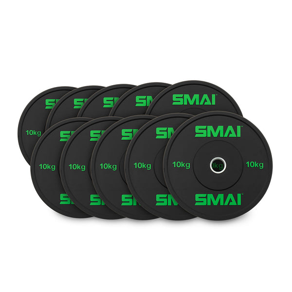 A set of HD Bumper Plates, consisting of five pairs of 10kg each (totaling 100kg), crafted from high-grade rubber and labeled with the brand "Sale Item" in striking green text. The black commercial-grade plates are elegantly arranged in two neat rows, slightly overlapping each other.