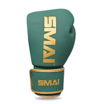 Introducing the SMAI Gold Series Boxing Glove in Green/Gold, featuring bold gold "SMAI" lettering on both the top and wrist strap. Expertly designed to deliver superior shock protection and enhanced wrist support for even your most intense training sessions.