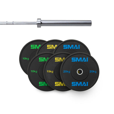 Check out the 110kg HD Bumper Plate Set Inc 20kg Barbell from Sale Item, ideal for CrossFit and Olympic lifting. This set features a barbell and high-density bumper plates, with black plates in various weights: two green 10 kg, two yellow 15 kg, and two blue 20 kg.
