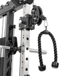 Close-up of the SMAI All in 1 Functional Trainer, a commercial-grade cable machine with a metal adjustable rack and black rope attachment—perfect for strength exercises like tricep pushdowns.