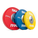 Three striking SMAI Competition Bumper Plates are lined up: one in red (25kg), one in blue (20kg), and another in yellow (15kg). Ideal for Olympic weightlifting, these plates are crafted to accompany elite bearing barbells in high-performance gym environments.