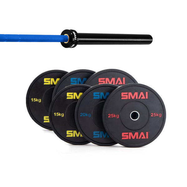 The SMAI 140kg HD Bumper Plate Set, including a 20kg barbell, features black bumper plates labeled in red, yellow, and blue text with weights of 15kg, 20kg, and 25kg—premium gym equipment for serious lifters.