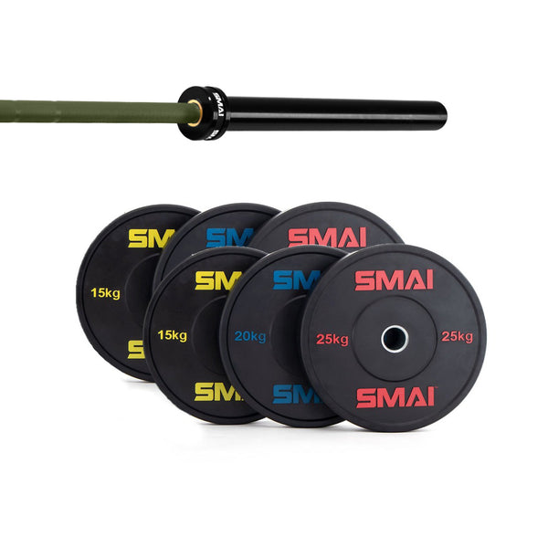 The SMAI 140kg HD Bumper Plate Set, including a 20kg bearing barbell with dark sleeves and green shaft, is displayed on a white background—an ideal addition to any gym equipment collection.