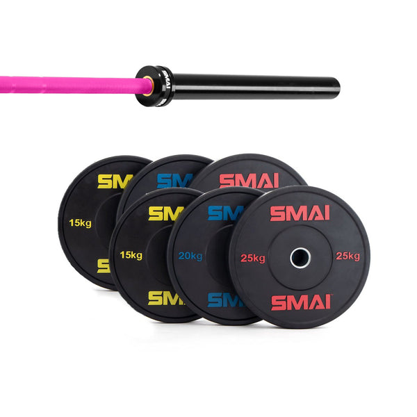 The SMAI 135kg HD Bumper Plate Set Inc 15kg Barbell features black plates labeled 15kg, 20kg, and 25kg with colored text and a bearing barbell with pink grip and black sleeve—ideal for strength training.