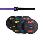 The SMAI 135kg HD Bumper Plate Set Inc 15kg Barbell includes black bumper plates labeled 15kg, 20kg, and 25kg in yellow, blue, and red. "SMAI" is printed on each plate—ideal gym equipment for serious lifters.