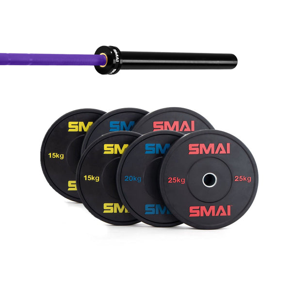 The SMAI 135kg HD Bumper Plate Set Inc 15kg Barbell includes black bumper plates labeled 15kg, 20kg, and 25kg in yellow, blue, and red. "SMAI" is printed on each plate—ideal gym equipment for serious lifters.