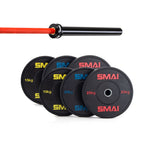 The SMAI 135kg HD Bumper Plate Set Inc 15kg Barbell includes black plates labeled 15kg, 20kg, and 25kg with colored text and a red and black bearing barbell—essential gym equipment for serious lifters.