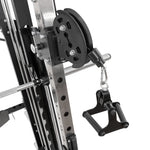 Close-up of the SMAI All in 1 Functional Trainer’s commercial-grade pulley system with single handle, metal frame, and black circular pulley—perfect for strength training in any home gym.