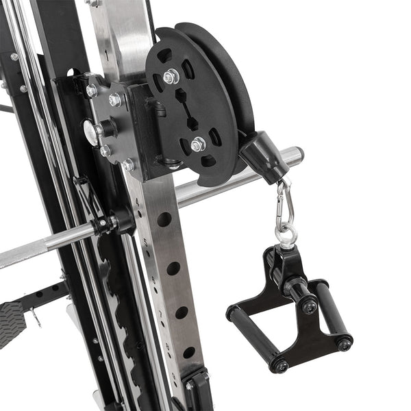Close-up of the SMAI All in 1 Functional Trainer’s commercial-grade pulley system with single handle, metal frame, and black circular pulley—perfect for strength training in any home gym.