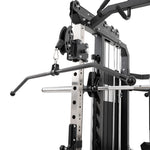 Close-up of the SMAI All in 1 Functional Trainer for home gyms, with a metal frame, adjustable pulleys, weight plates, lat pull-down bar, numbered adjustment holes, and attachments for commercial-grade strength training.