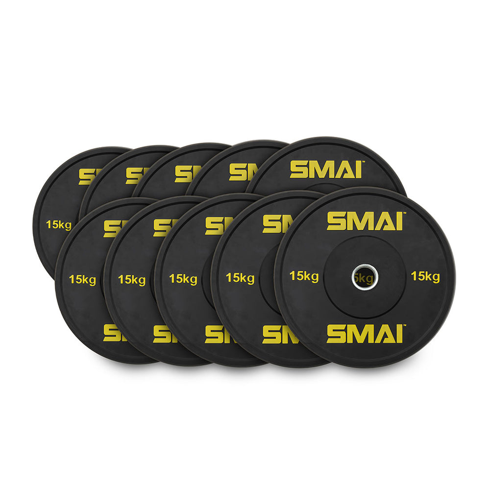 A photo displays ten black HD Bumper Plates, part of the Sale Item brand, each weighing 15kg. They are arranged in two overlapping rows. Made from high-grade rubber, these commercial-grade weights ensure durability and exceptional performance.