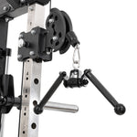 Close-up of a SMAI All in 1 Functional Trainer attachment featuring numbered holes and two black handles joined by a central rotating joint. This gym accessory offers commercial-grade performance, perfect for any home gym.