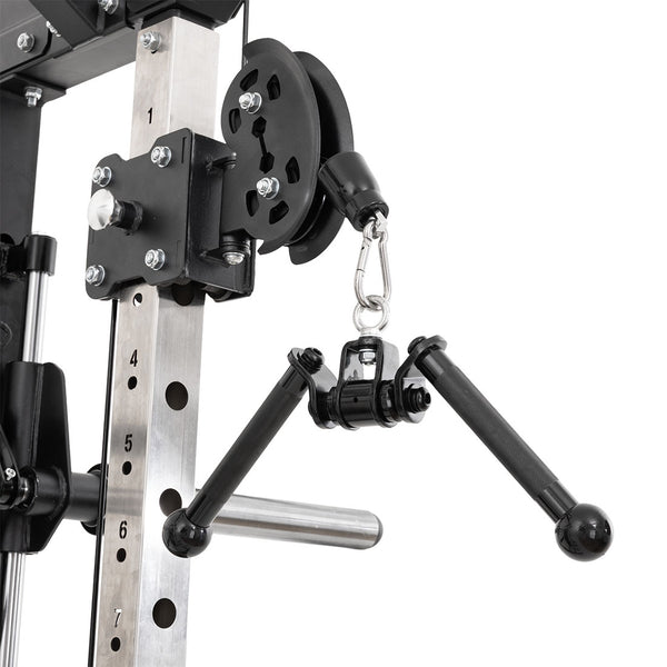 Close-up of a SMAI All in 1 Functional Trainer attachment featuring numbered holes and two black handles joined by a central rotating joint. This gym accessory offers commercial-grade performance, perfect for any home gym.
