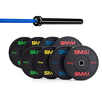 The SMAI 155kg HD Bumper Plate Set includes black bumper plates with colored markings (10–25kg) and a black and blue 15kg bearing barbell—ideal for upgrading your gym equipment collection.