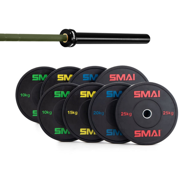 The SMAI 155kg HD Bumper Plate Set includes color-labeled black plates from 10kg to 25kg and a black barbell with green grip, making it an ideal addition to any gym equipment collection.