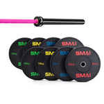 The SMAI 155kg HD Bumper Plate Set Inc 15kg Barbell features black plates with colored weight labels (10–25kg), neatly arranged in front of a bearing barbell with a pink grip—premium gym equipment for any workout.
