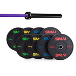 A 155kg HD Bumper Plate Set by SMAI, featuring color-labeled black plates (10kg, 15kg, 20kg, 25kg) and a black bearing barbell with a purple grip, is displayed.
