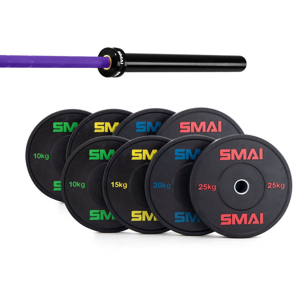 A 155kg HD Bumper Plate Set by SMAI, featuring color-labeled black plates (10kg, 15kg, 20kg, 25kg) and a black bearing barbell with a purple grip, is displayed.