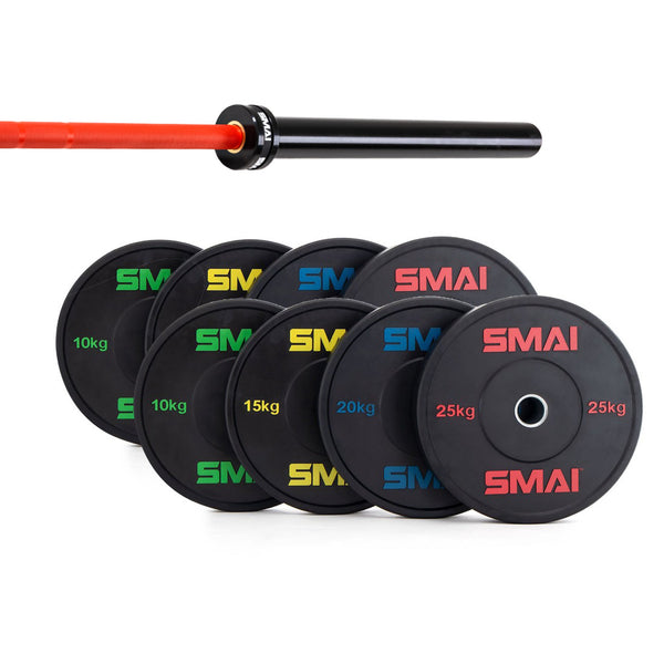 The SMAI 155kg HD Bumper Plate Set includes black plates with colored numbers (10kg–25kg) and a sleek black and red 15kg barbell—premium gym equipment ideal for serious lifters.