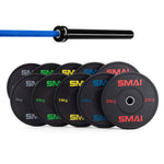 The SMAI 170kg HD Bumper Plate Set Inc 20kg Barbell includes plates from 5kg to 25kg, each with colored numbers and letters, neatly arranged with a 20kg barbell—ideal gym equipment for serious lifters.