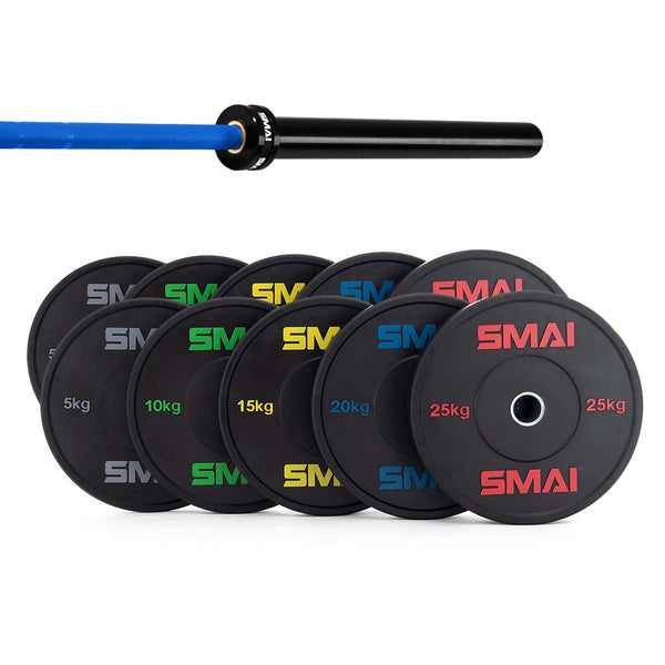The SMAI 170kg HD Bumper Plate Set Inc 20kg Barbell includes plates from 5kg to 25kg, each with colored numbers and letters, neatly arranged with a 20kg barbell—ideal gym equipment for serious lifters.