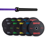 The SMAI 170kg HD Bumper Plate Set includes black bumper plates, each marked with its weight and the SMAI logo, arranged alongside a black 20kg barbell with a purple grip—ideal for upgrading your gym setup.
