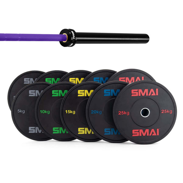 The SMAI 170kg HD Bumper Plate Set includes black bumper plates, each marked with its weight and the SMAI logo, arranged alongside a black 20kg barbell with a purple grip—ideal for upgrading your gym setup.