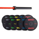The SMAI 170kg HD Bumper Plate Set includes black plates (5kg–25kg) with colored numbers and SMAI branding, arranged in front of a 20kg elite bearing barbell—ideal for any gym setup.