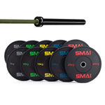 The SMAI 165kg HD Bumper Plate Set Inc 15kg Barbell includes black bumper plates (5kg–25kg) labeled with colored weights, arranged in front of a black and green bearing barbell—perfect for any home gym.