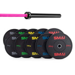 The SMAI 165kg HD Bumper Plate Set includes a 15kg black barbell with a pink grip and bumper plates from 5kg to 25kg, each featuring colored numbers and rims—perfect home gym gear for versatile workouts.