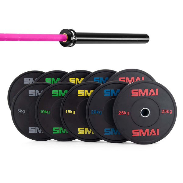 The SMAI 165kg HD Bumper Plate Set includes a 15kg black barbell with a pink grip and bumper plates from 5kg to 25kg, each featuring colored numbers and rims—perfect home gym gear for versatile workouts.