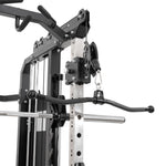 Close-up of the SMAI All in 1 Functional Trainer, featuring a lat pulldown bar on a pulley system, metal weight guides, and multiple handles designed for commercial-grade performance in your home gym.