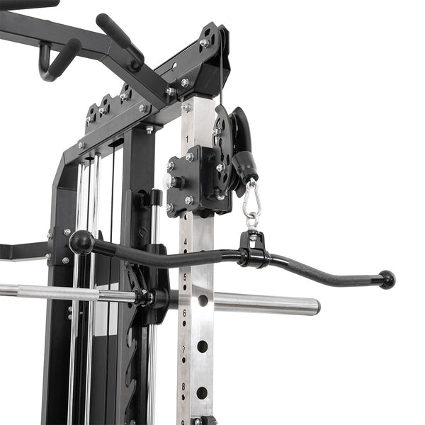 Close-up of the SMAI All in 1 Functional Trainer, featuring a lat pulldown bar on a pulley system, metal weight guides, and multiple handles designed for commercial-grade performance in your home gym.