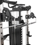 Close-up of the SMAI All in 1 Functional Trainer, featuring pulleys, cables, weight stack, and bar attachment for versatile strength training. Ideal for home gyms or commercial use. Displayed against a white background.