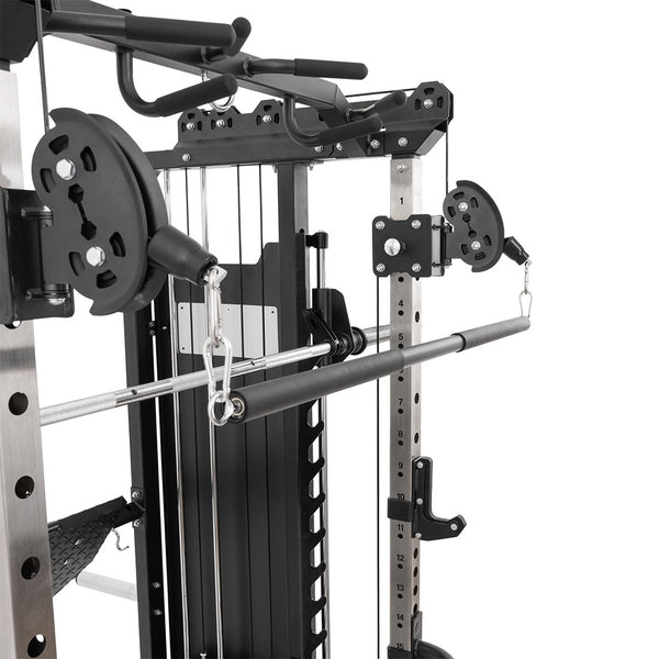 Close-up of the SMAI All in 1 Functional Trainer, featuring pulleys, cables, weight stack, and bar attachment for versatile strength training. Ideal for home gyms or commercial use. Displayed against a white background.