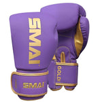 A pair of SMAI Gold Series Boxing Gloves in purple and gold, featuring "SMAI" in gold lettering on the wrist straps and back. Designed for enhanced wrist support, the gloves are displayed to show both the palm and back sides.