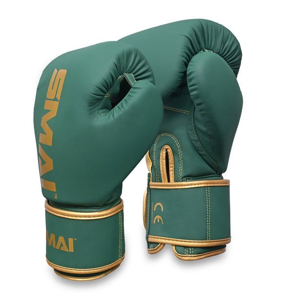 A pair of SMAI Gold Series Boxing Gloves in green with gold trim and lettering. Designed for optimal wrist support and shock protection, the gloves are shown upright, displaying one glove’s front and the other’s back.